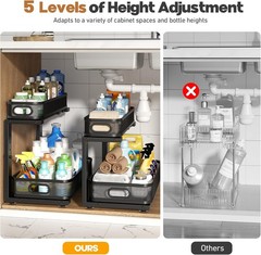 2 Pack 19.3IN-Depth Under Sink Organizer with Smooth Cylindrical Rail,2-Tier Pul