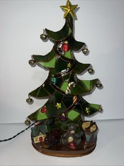 RARE Vintage Light Up Faux Stained Glass Christmas Tree 15.5 in. Needs New Light