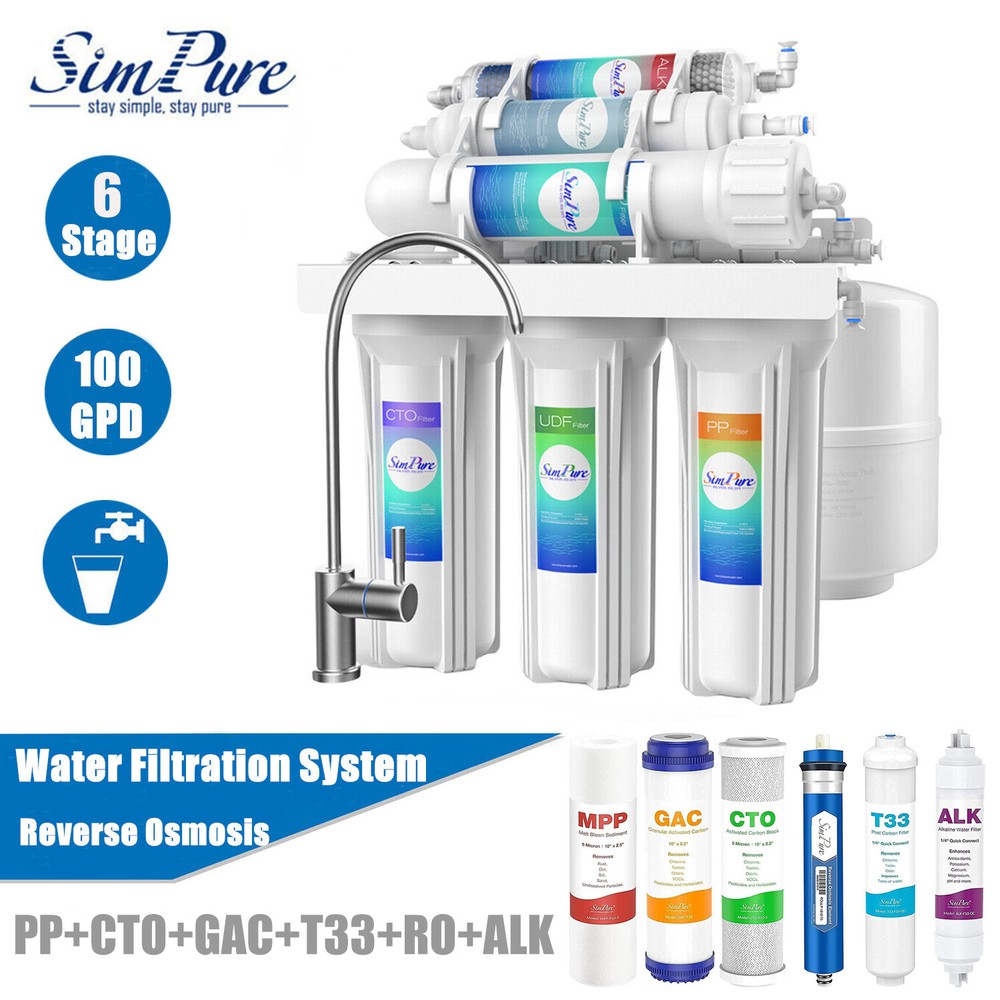 100GPD 6 Stage Alkaline RO Reverse Osmosis Drinking Water Filter System Purifier