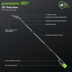 Greenworks 80V 10″ Cordless Pole Saw PS80L210, w/ 2Ah Battery and Rapid Charger