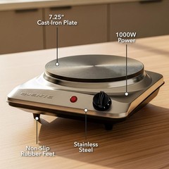 Electric Countertop Single Burner,1000W Cooktop with 7.25 Inch Cast Iron Silver
