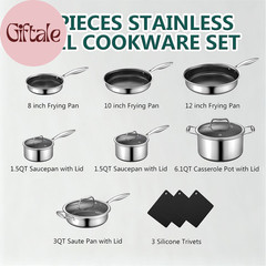 14 Piece Hybrid Stainless Steel Cookware Set Nonstick Pots and Pans
