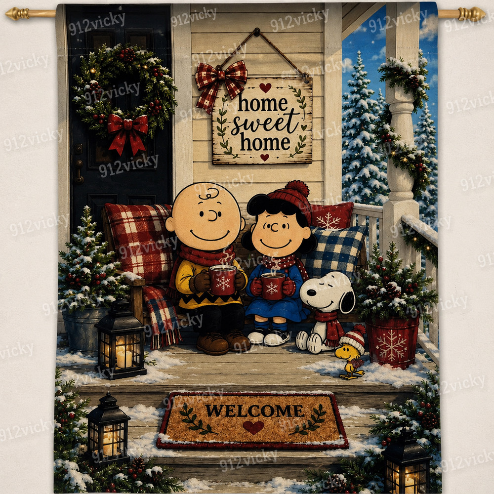Garden Flag 12×18 Snoopy Charlie Brown Lucy Winter Porch Double Sided Handmade