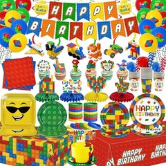 224Pcs Building Block Birthday Decorations, ALL-IN-1 Colorful Blocks Plates a…