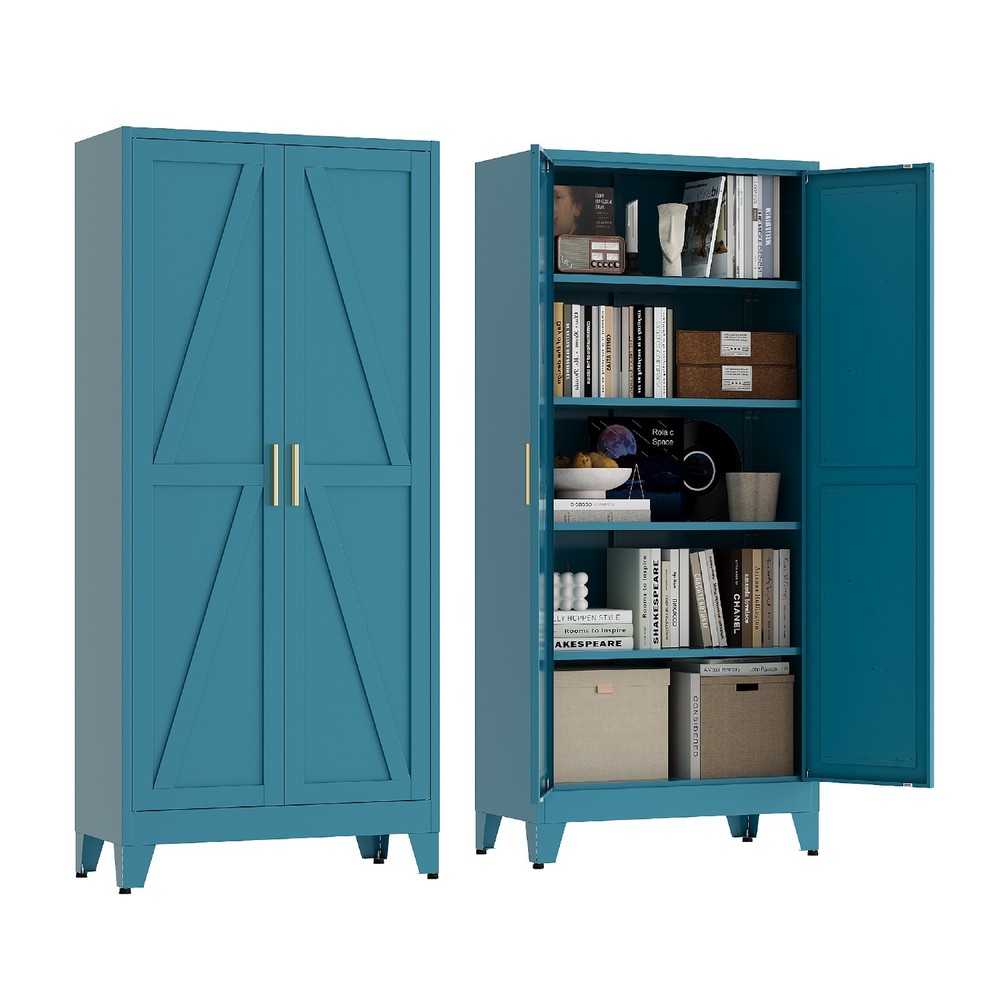71″ Tall Pantry Cabinet, Blue Metal Pantry Storage Cabinet
