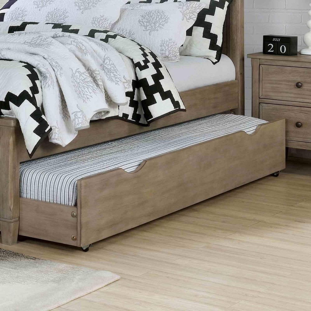 Transitional Trundle Bed Frame, Warm Gray Wire-Brushed Wood, Modern Under-Bed
