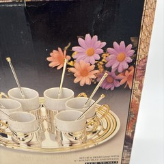 Vintage Davco Silver Gold Espresso Cups Demitasse w/11″ Round Tray And Spoons
