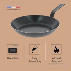 De Buyer Blue Carbon Steel Fry Pan 2mm Thick 11” Diameter, 8.3” Cooking Surface