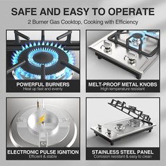 Propane Gas Cooktop Built-in 2 Burner Stainless Steel Gas Hob NG/LPG Gas Stove