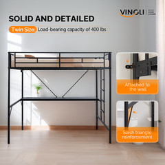 Twin Size Metal Loft Bunk Bed Frame for Kids Teens Adults with Desk Underneath