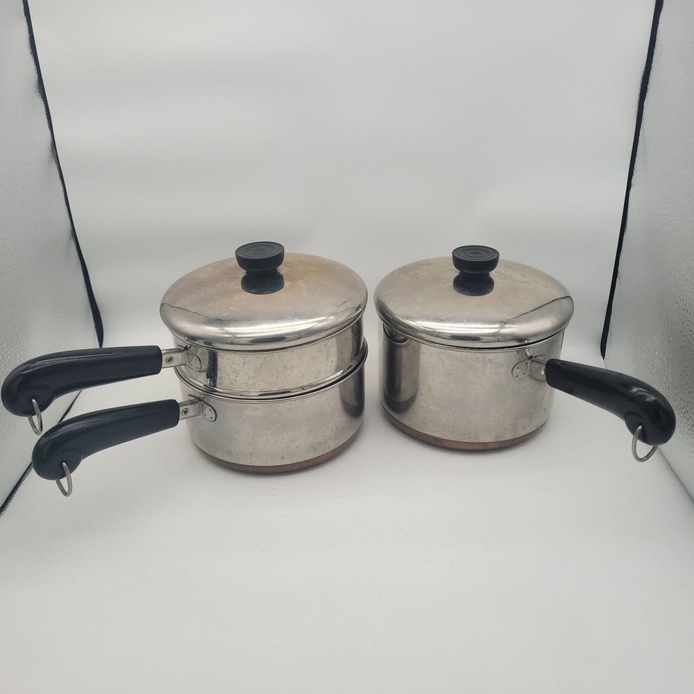 Revere Ware Copper Bottom 2qt & 3qt Double Boiler Steamer Pot Set, Lids Vtg 5 Pc