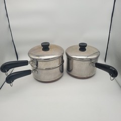 Revere Ware Copper Bottom 2qt & 3qt Double Boiler Steamer Pot Set, Lids Vtg 5 Pc