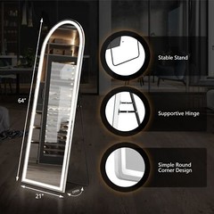 LED Full Length Standing Mirror Arched/Rectangle 3 Color Lights. Hang/Lean.
