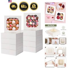 60pcs Cookie Boxes, 8x8x2.5 Inches Bakery Boxes with 2 Style Windows for Choc…