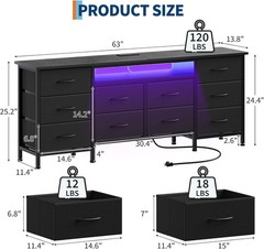 TV Stand for 65, 70, 75 Inch TV 10 Drawer Long Dresser w Power Outlets LED Light