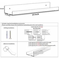 15 In. W X 4.2 In. D Clear Acrylic Shelves for Wall with Adhesive, Decorative Wa