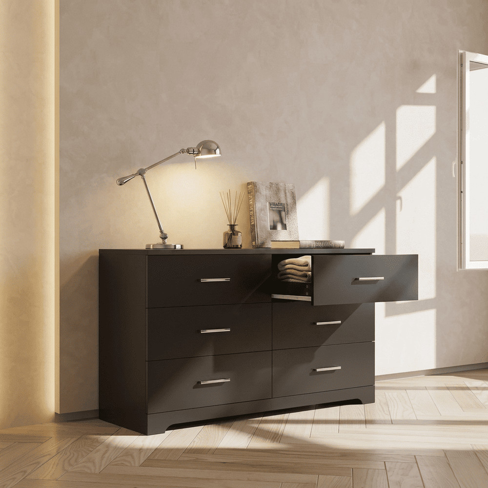 6 Drawer Double Dresser Black Wide Storage Chest of Drawers Bedroom Living Room