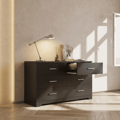 6 Drawer Double Dresser Black Wide Storage Chest of Drawers Bedroom Living Room