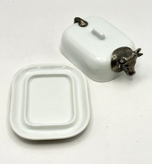 RARE Pillivuyt France Porcelain Butter Pat Dish, Silver/ Pewter Cow Head & tail
