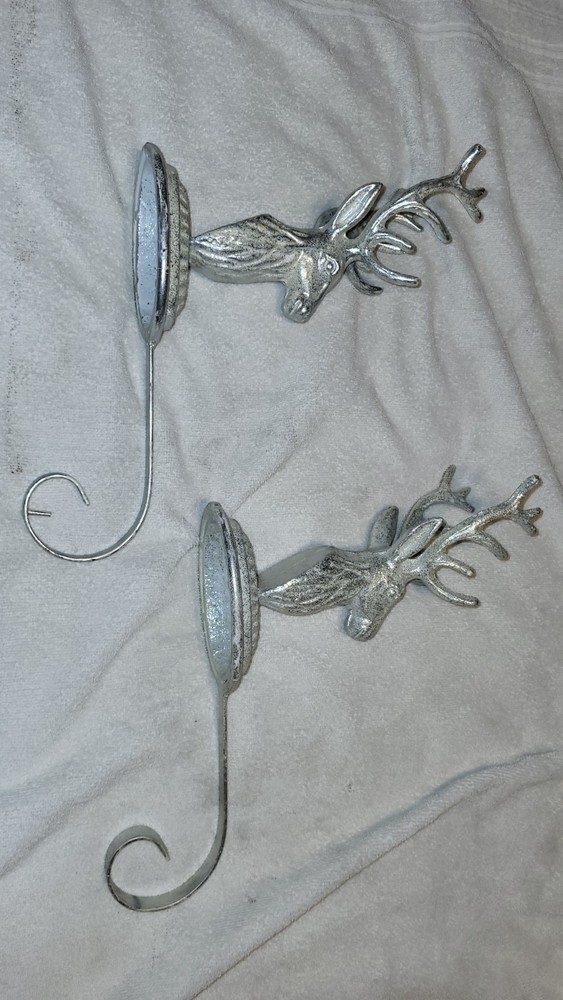2) Christmas Deer Reindeer Stag Stocking Banner Holder Large Cast Iron Silver