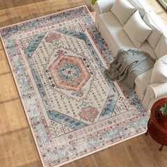 8×10 Area Rug, Vintage Machine Washable Rug for Bedroom, Brown Blue