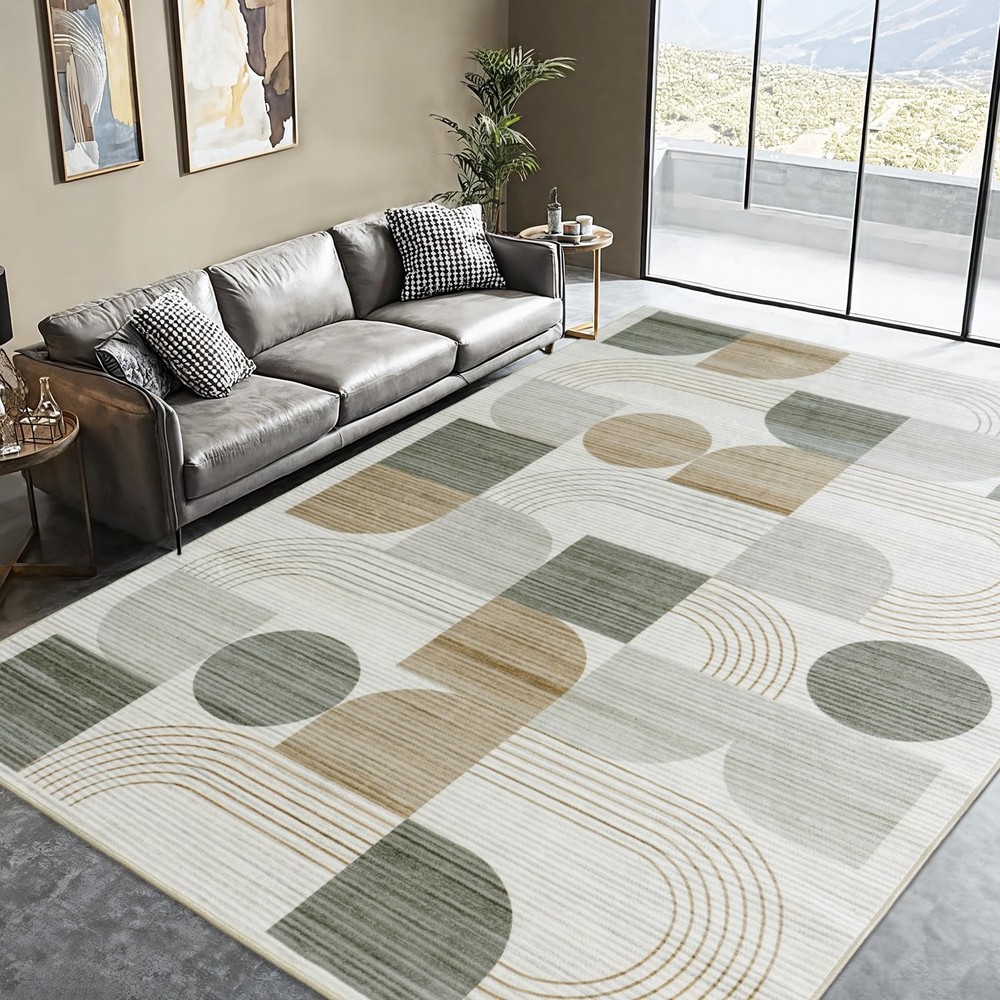 Large Machine Washable 5×7 Area Rug, Soft Modern Geometric Abstract Beige Rug…