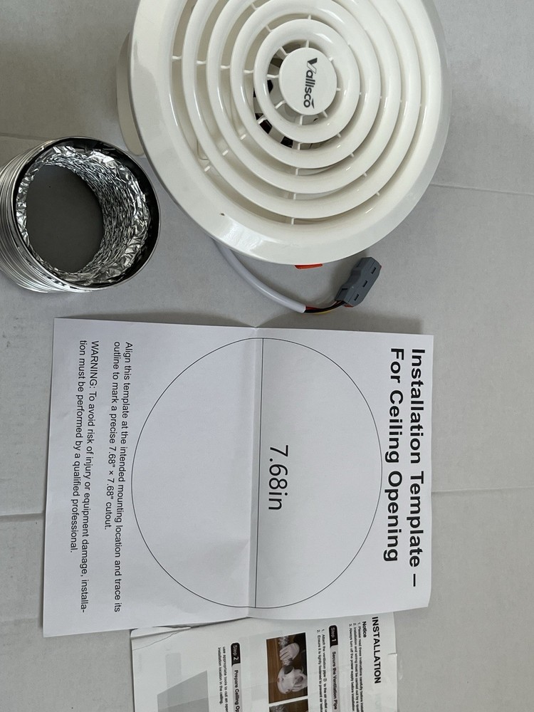 Vallisco White Ceiling Exhaust Fan 7.68in Circular with Installation Template