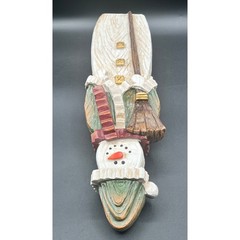 Rustic Folk Art Resin Snowman Figurine Broom Green Red 16″ Decor Christmas