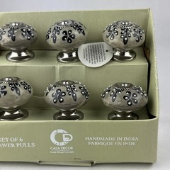 Casa Decor Ceramic Drawer Pull Knobs 6 Pc Silver / Tan /Black