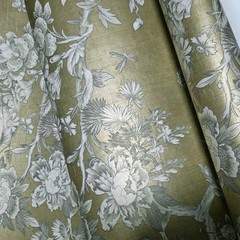 Gold foil metallic gray Chinoiserie blooming peonies branches cranes wallpaper