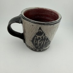 Handmade Studio Art Pottery Mug 3.25in Black Fish Abstract Sgraffito 1990