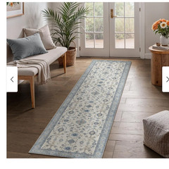 Low Pile Runner Rug, 2x10ft, Abstract, Machine Washable- Vintage Floral Blue