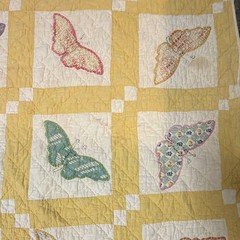 Patchwork Quilt Yellow & White w/ Multicolor Butterfly Squares Coverlet 63” x 73