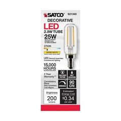 Satco S21340 LED Filament Tube 120V 2.8W =25W T6 Candelabra E12 2700K Warm White