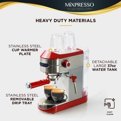 Mixpresso 15-Bar Automatic Espresso Machine with Milk Frother, 37 Oz, Dark Red