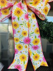 Handmade Large White Pink Yellow Floral Bow for Spring or Summer Wreath