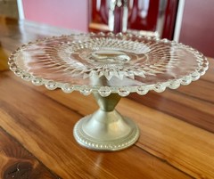 Vtg Shrewsbury Nickel~Silver removable Bottom Glass Pedestal Cake Stand 6.75”
