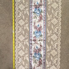 Beige Floral Lace Table Runner Rectangular, Blue Rose Center Panel 16-20 in