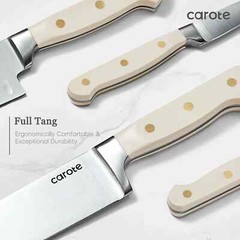 CAROTE Kitchen Knives, Stainless-Steel Blades & Triple-Riveted BEIGE Handles NEW