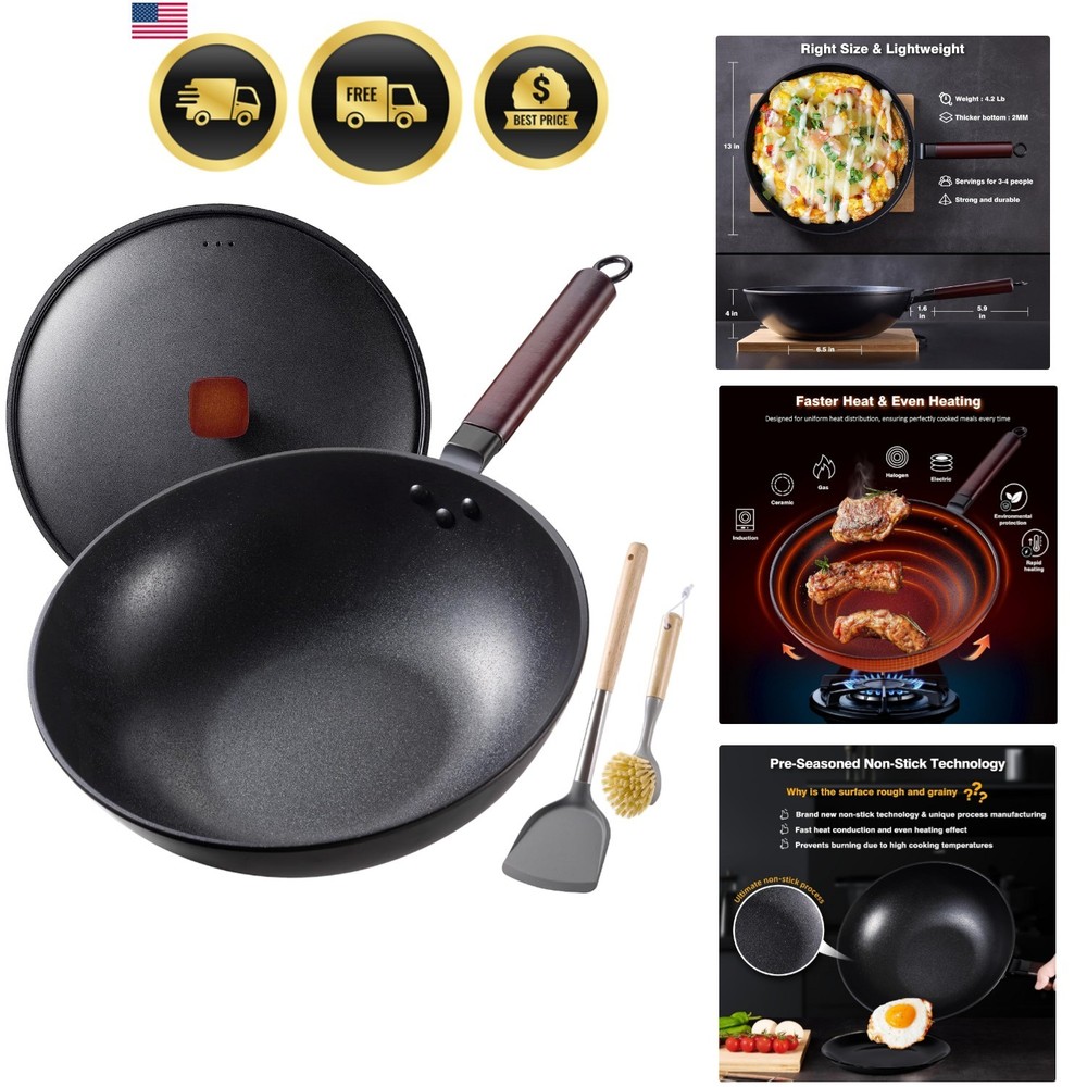 Carbon Steel Wok -13 Inch Woks & Stir-fry Pans Nonstick, Wok Pan with Lid Spa…