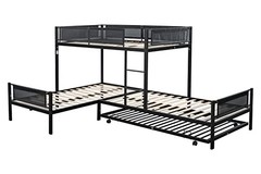 L-Shape Metal Triple Bunk Bed with Trundle 4 Kids,Teens,Adults L-Shape Triple