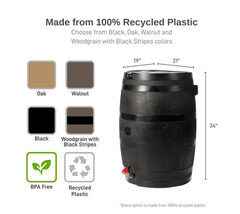 RTS Home Accents Polyethylene 50 Gallon Flat Back Eco Rain Barrel, Black Color