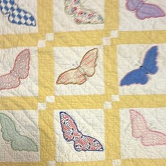 Patchwork Quilt Yellow & White w/ Multicolor Butterfly Squares Coverlet 63” x 73
