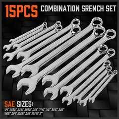 15PC Combination Spanner Wrench Ring Open Ended 1/4″ – 1″ SAE 12 Point “V” Notch