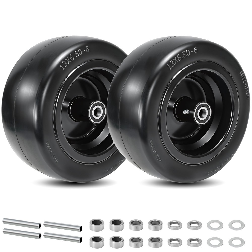 2 Pcs 13×6.50-6 Flat Free Lawn Mower Tire and Wheel, with 3/4″ Bearings & Extra