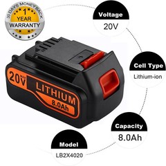 2Pack 20V 8.0AH Lithium Battery for Black Decker 20 Volt LB2X4020 LBX20 LBXR20