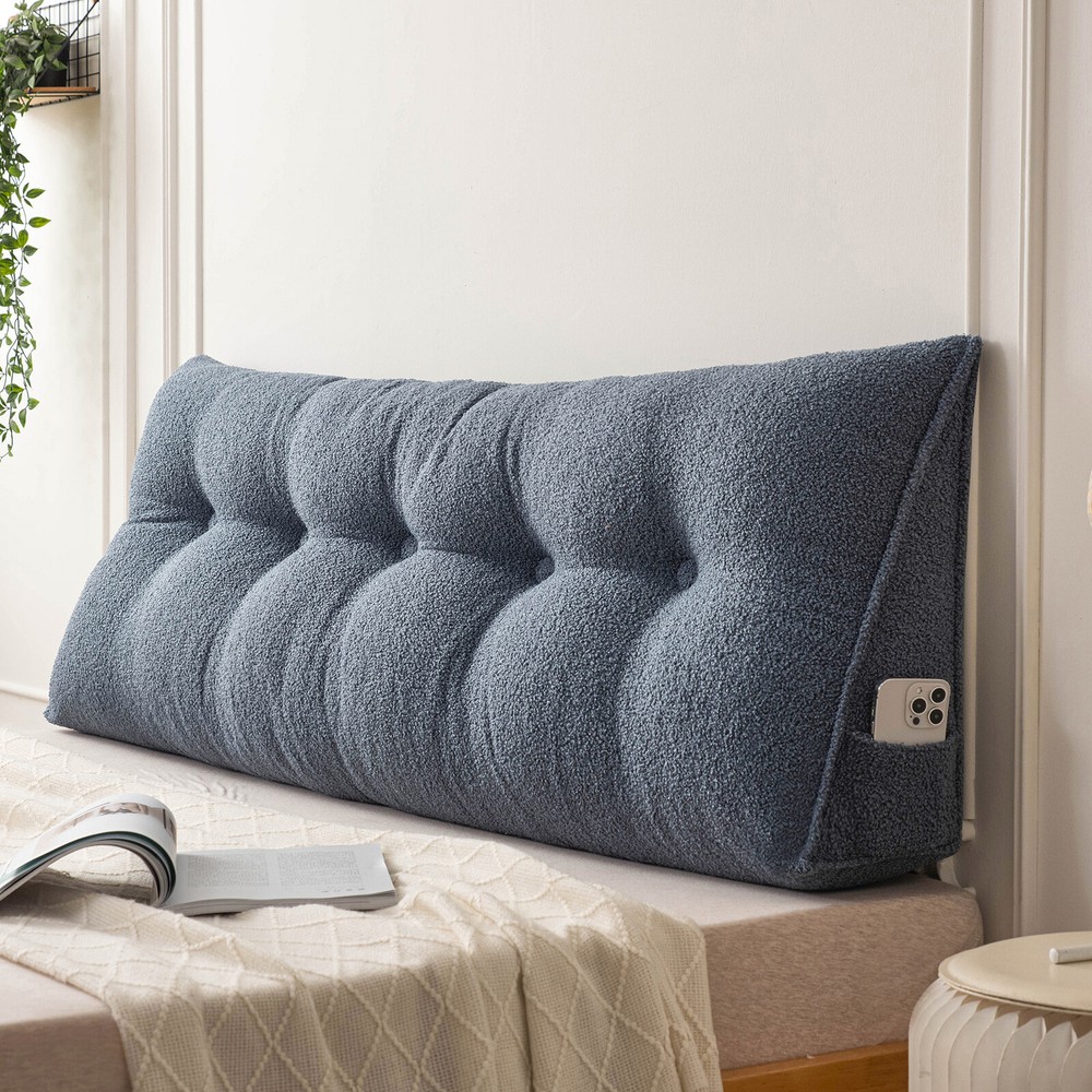 Soft Wedge Headboard Pillow Dorm Bed Triangular Backrest Cushion w/ Side Pocket