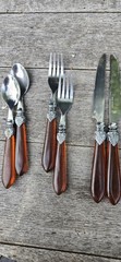 6 Pcs Stainless Steel Made In China Flatware Set Amber Color Bakelite? Acrylic?