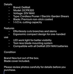 DEWALT Pruner Shears Garden 20V MAX Cordless DCPR320 Tool Tool Only NWOB