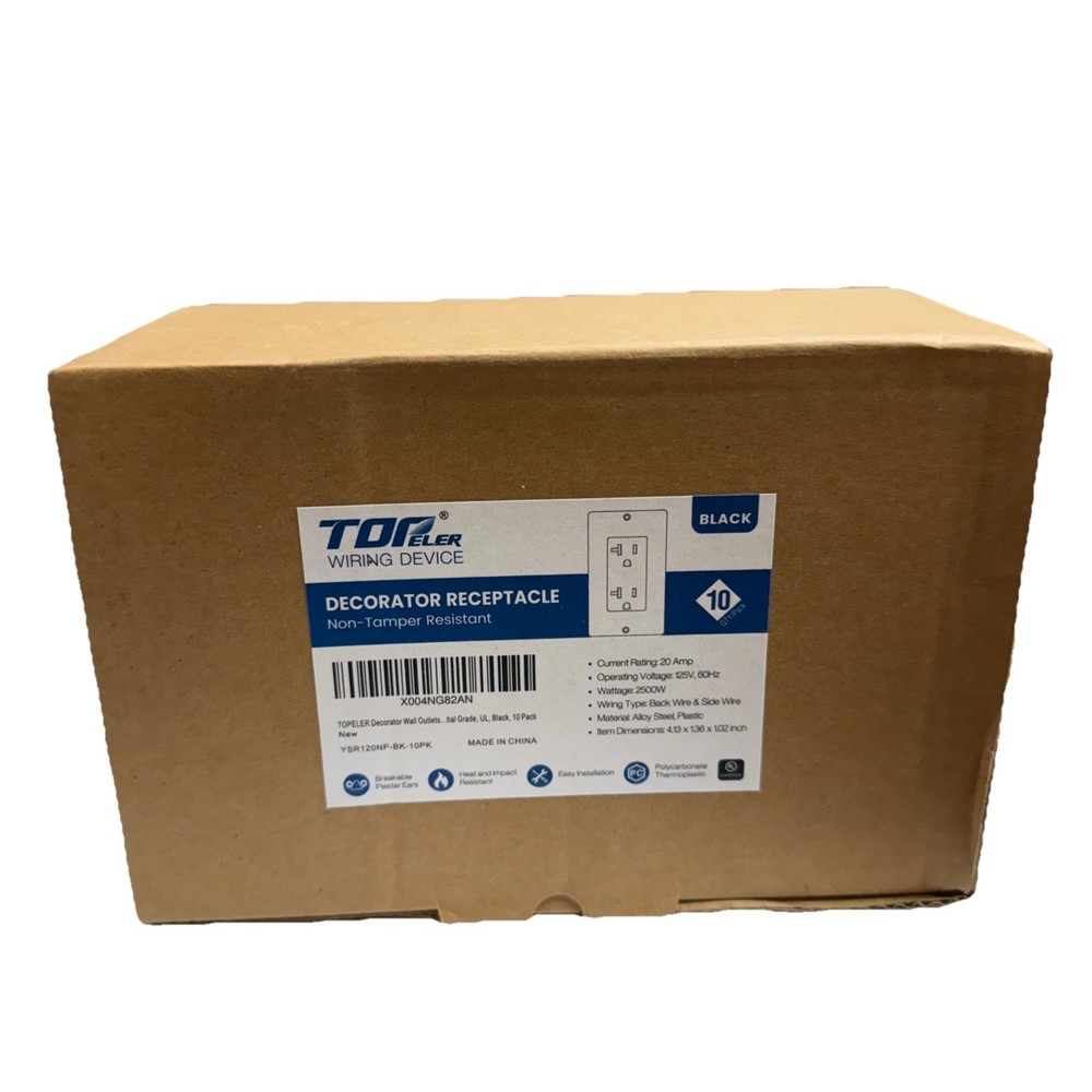 Lot of (10) New, BLACK TopELER receptacle,none- TamperResistant, 20Amp 120 volt